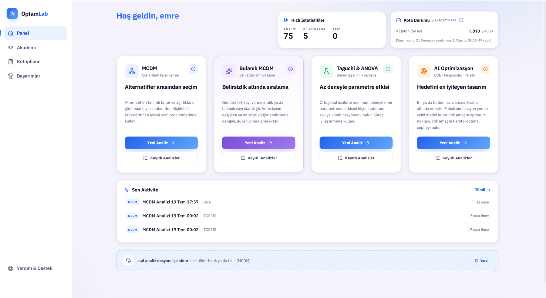 OptamLab paneli: MCDM, bulanık MCDM, Taguchi ve ANOVA ile yapay zekâ destekli optimizasyon modülleri tek ekranda, her biri tek tıkla başlıyor.